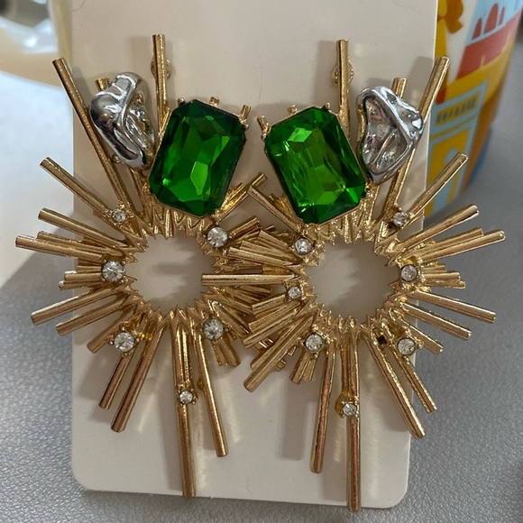 Gold Plated Statement Earrings - Green and Clear Rhinestones - NEW - Picture 1 of 3